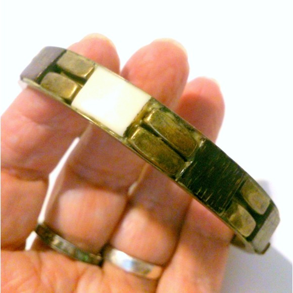 Vintage Boho Inspired Wood and Bone Inset Brass Bangle - Picture 3 of 4